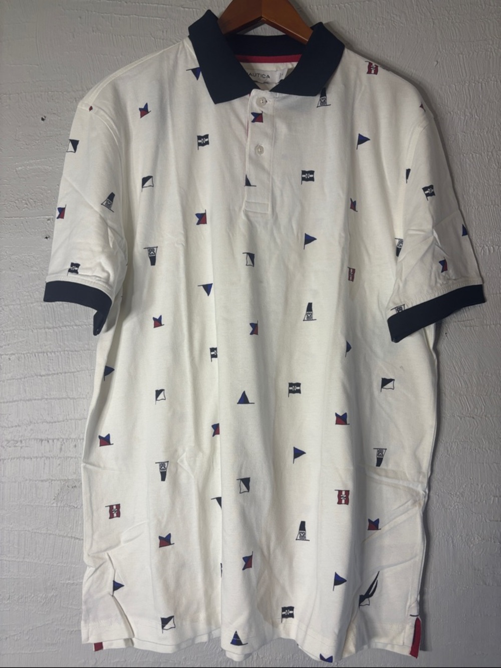 Nautica White Polo with Navy Collar and Flag Motif 0056